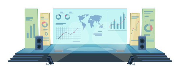 会议厅配有现代舞台屏幕，观众被隔离在白色上。矢量演示室展示，观众屏幕用图表和图表。现代化的扬声器和投影仪灯，楼梯图片下载