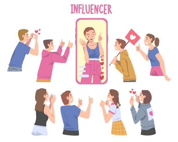 女性影响者作为社交媒体用户与众多观众和订阅者关注和倾听她的矢量插图图片下载