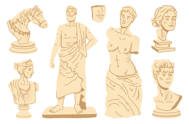 古希腊文化的神像、神和女神的身体和头像孤立的图标集。向量大理石或石膏雕塑，马，男人和女人纪念碑，复古装饰图片下载