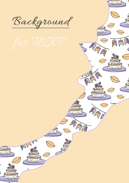 图案婚礼邀请或贺卡庆祝在线艺术风格的白色和米色背景的文字。用毡笔画的涂鸦。婚礼当天，蛋糕、嘴唇和插图复选框。图片下载