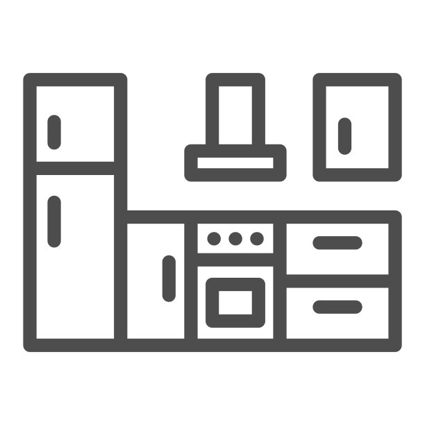 厨房，食品柜与冰箱和炉子线图标，室内设计概念，电器矢量标志在白色背景，轮廓风格图标的移动概念和网页设计。矢量图形。图片下载