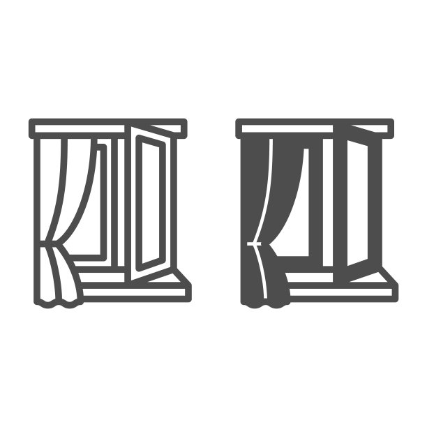 打开的窗户和窗帘线和固体图标，室内设计概念，窗口悬垂半开放矢量标志在白色背景上，轮廓风格图标的移动概念和网页设计。矢量图形。图片下载