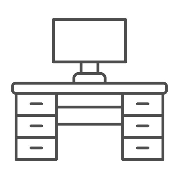 电脑桌，工作场所，桌子与抽屉细线图标，家具概念，办公室矢量标志在白色背景，轮廓风格图标为移动概念和网页设计。矢量图形。图片下载