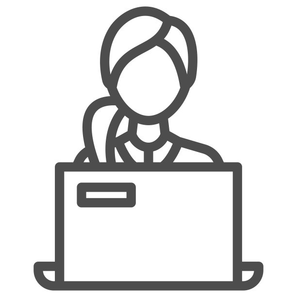 女人，学生工作在笔记本电脑图标，教育概念，女孩在监视器矢量标志在白色背景，轮廓风格图标的移动概念和网页设计。矢量图形。图片下载