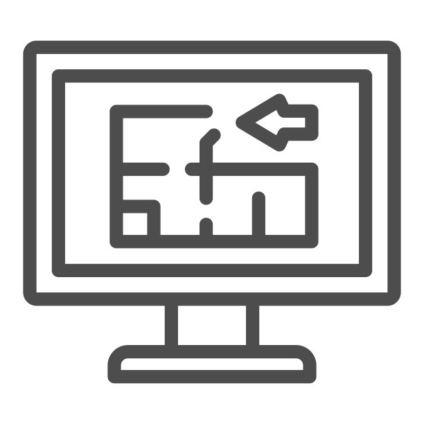 监视器屏幕上的公寓草图与箭头线图标，设计概念，在白色背景上绘制矢量符号，轮廓风格图标的移动概念和网页设计。矢量图形。图片下载