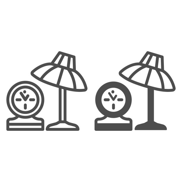 台灯和时钟线和固体图标，室内设计概念，台灯和架子时钟矢量标志在白色背景上，轮廓风格图标为移动概念和网页设计。矢量图形。图片下载