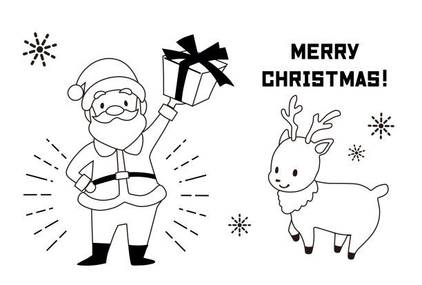 手绘的黑白插图圣诞老人和驯鹿与一个简单和可爱的礼物图片下载