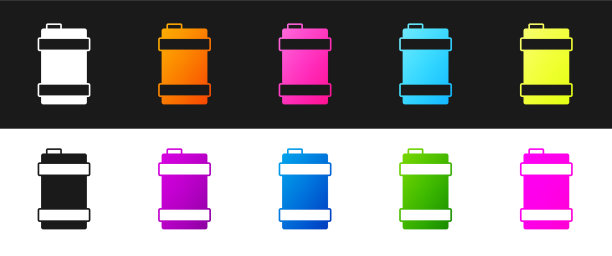 设置金属啤酒桶图标孤立在黑色和图片下载