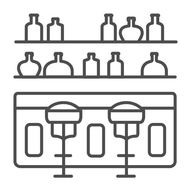 吧台上有凳子和瓶子的细线图标图片下载