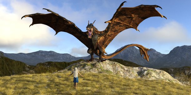 幻想龙和美丽的年轻女孩3d插图图片下载