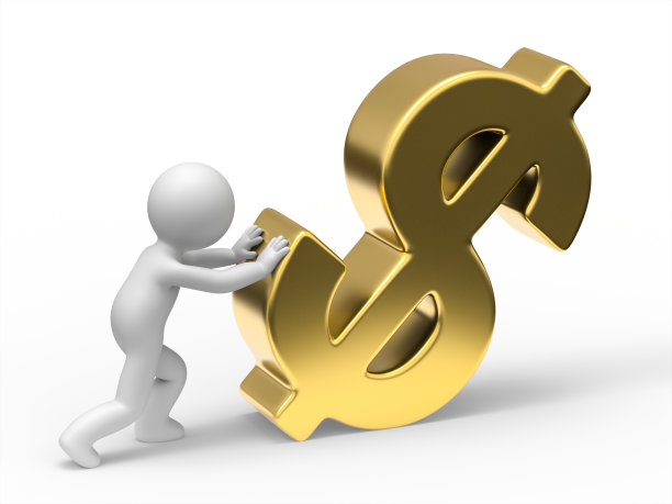 3d人推着一个巨大的金元标志图片下载