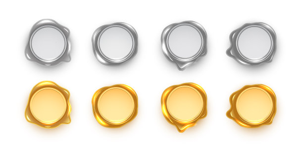 银和金蜡封条被隔离在白色背景上。老式金属邮票。向量的设计元素。图片下载