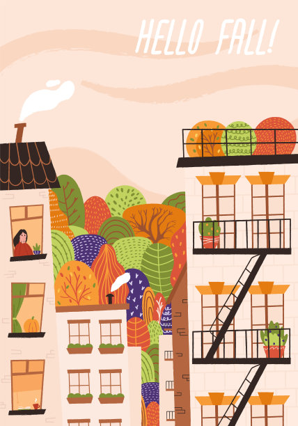 秋天的城市有树。女人看着窗外，南瓜，杯子和书。手绘的纹理矢量插图。图片下载