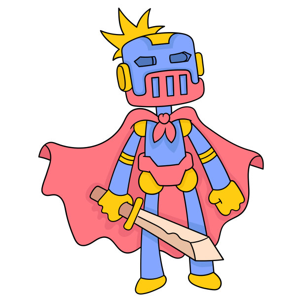 超级英雄战争机器人准备决斗携带魔法剑，矢量插图艺术。涂鸦图标形象卡哇伊。图片下载