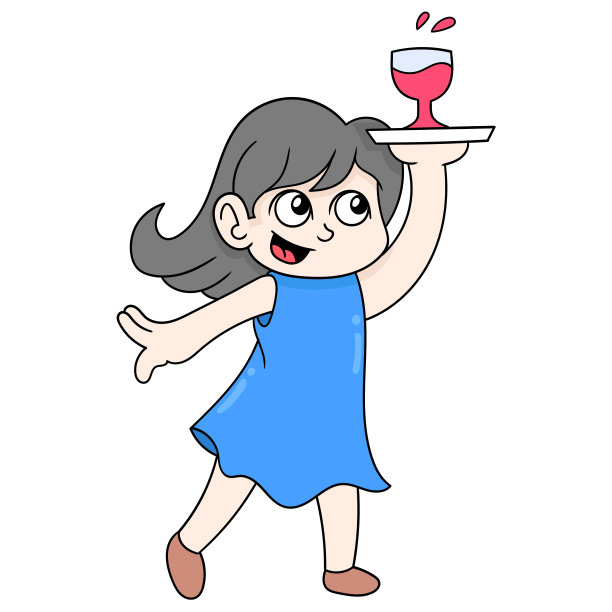 美丽的女孩穿着蓝色的裙子正在走着送饮料订单，矢量插图艺术。涂鸦图标形象卡哇伊。图片下载
