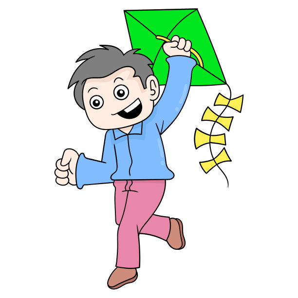 男孩正在开心地玩风筝，矢量插画艺术。涂鸦图标形象卡哇伊。图片下载