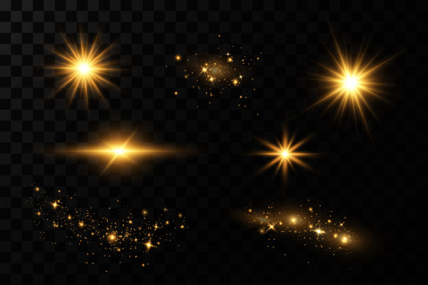 闪亮的金色星星。灯光效果，眩光，闪光，爆炸，金光。矢量插图。图片下载