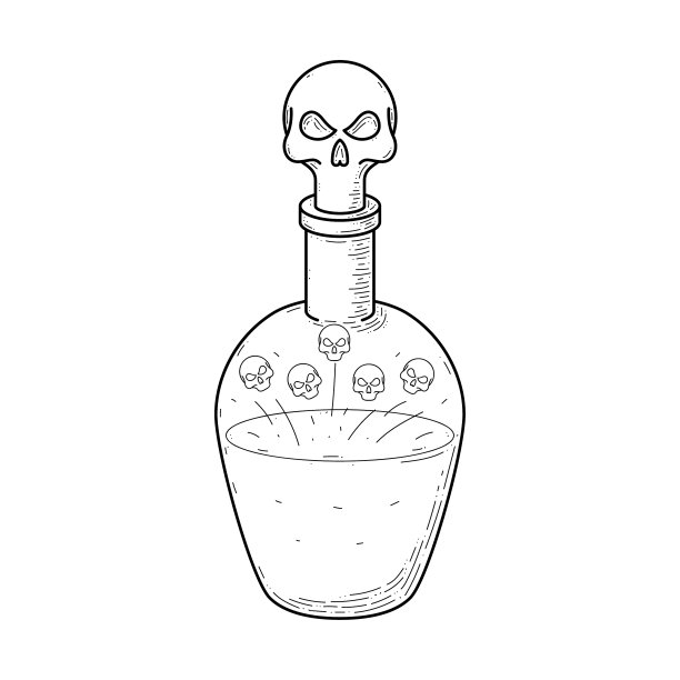 黑色简单线玻璃瓶头骨涂鸦轮廓死亡药水毒药饮料酏剂液体元素矢量设计风格素描孤立插图魔法巫术图片下载