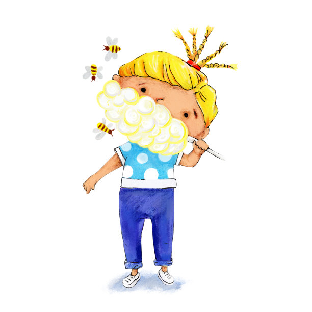 梳着辫子，吃着棉花糖的快乐小女孩。图片下载