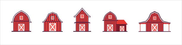 谷仓的图标集。谷仓矢量图标包。农家矢量股票图标插图。红色平面设计图片下载