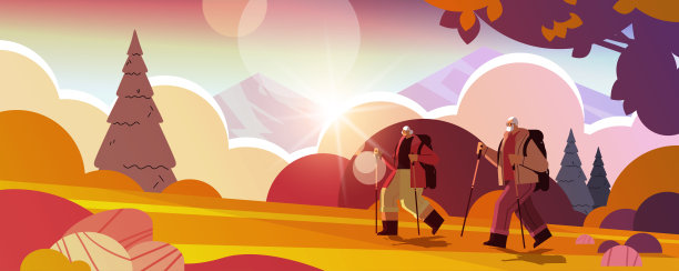 男、女、老年驴友一起背包出游，积极倡导老年体育活动理念图片下载