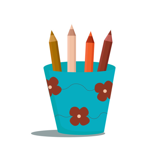 蓝色玻璃和四支彩色铅笔图片下载