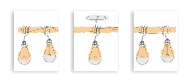 抽象的海报，吊灯上有灯泡。极简现代创意风格。内饰有灯具的绘画。连续的线条画。向量图片下载