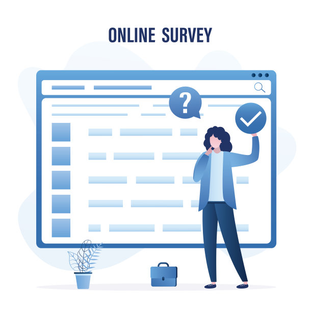 在线调查。女人仔细思考问卷的答案。网页与互联网调查。女性角色持有checkmark符号。图片下载
