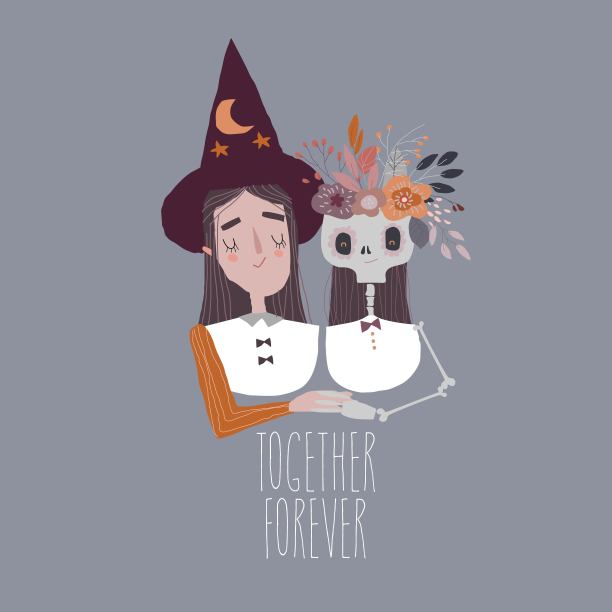 万圣节女巫与可爱的骷髅头戴花环图片下载