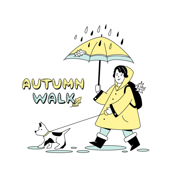 女孩在伞下遛狗。图片下载