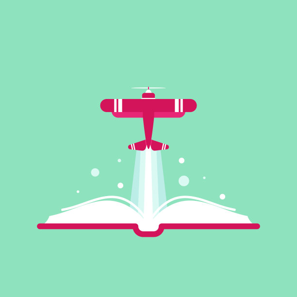 翻开书与红色的飞机和云彩。矢量平面插图。阅读和学习的力量标志。图片下载