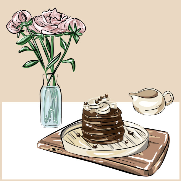 静物画，有煎饼，盘子，一束花，一个壶，一只盘子。适当的营养,纯素食主义。所有项目都是分开的。孤立的矢量对象。图片下载