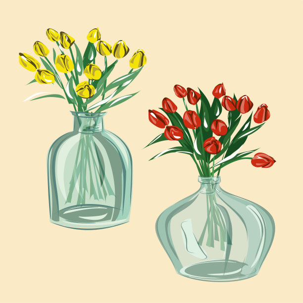 玻璃瓶或陶土瓶中的郁金香。用植物装饰室内。家里舒适。自然,花。孤立的矢量对象。图片下载