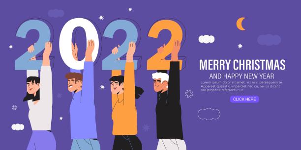 横幅，网页登陆页。快乐的人还是办公室工作者，员工hold big number 2022。一群朋友或团队祝他们的客户圣诞快乐和新年快乐。冬天的节日问候。图片下载