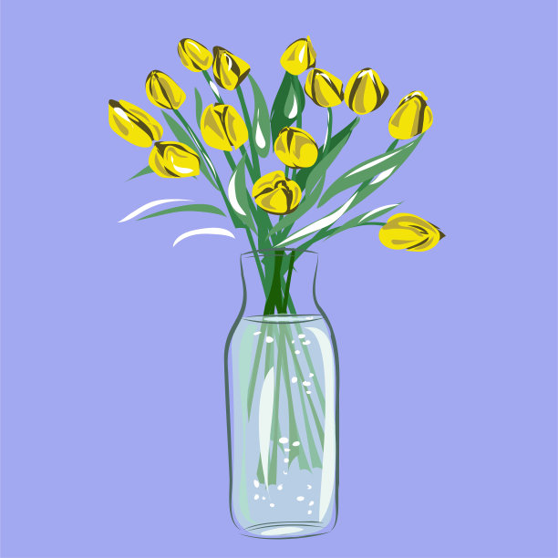 玻璃瓶或陶土瓶中的郁金香。用植物装饰室内。家里舒适。自然,花。孤立的矢量对象。图片下载