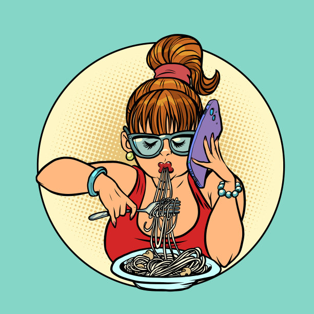一个女人一边吃意大利面一边打电话图片下载