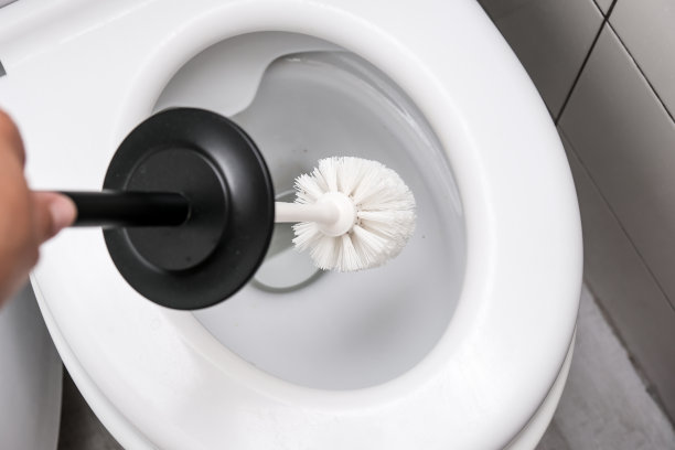 手握白色马桶刷准备清洁马桶碗，概念房屋清洁和家务图片下载