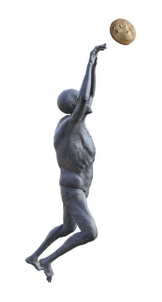 3D插画：灰色外星人跳跃获取超大巧克力饼干，白色背景图片下载