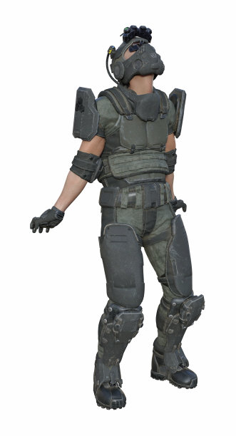 一名全副武装的男性士兵在白色背景上孤立地向后倚靠，愤怒地抬头看。图片下载