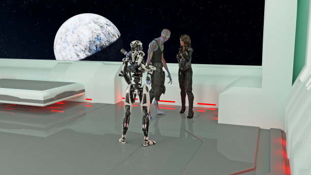 一名女子站在一个巨大的外星人旁边，通过背景中的一扇窗户与一个拥有太空和行星的机器人交谈。图片下载