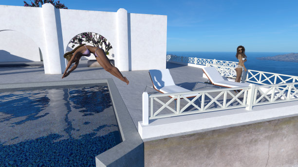 一名在度假胜地穿着白色比基尼的女子回头看另一名女子跳入游泳池的插图。图片下载