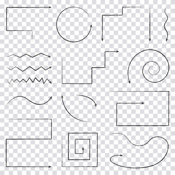 一套现代的矢量曲线箭头手绘黑色铅笔涂鸦风格。在白灰色背景上的指针集合的矢量插图。图片下载