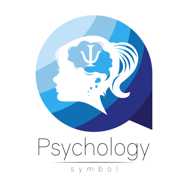 现代标志Kid Girl头和字母Psi在大脑内。心理学的标志。人类。蓝色与白色分离。创造性的风格。符号向量。设计理念图片下载