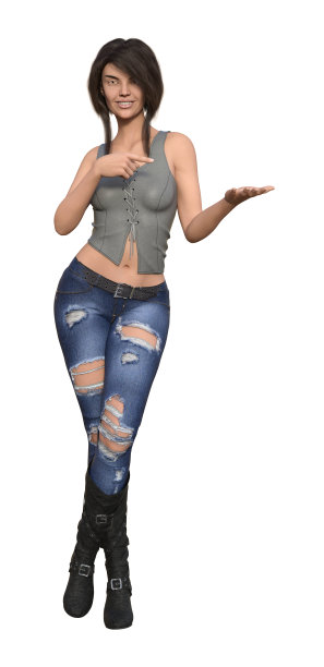 一个微笑的女人伸出一只手，另一只手指着白色背景上的空手掌的插图。图片下载