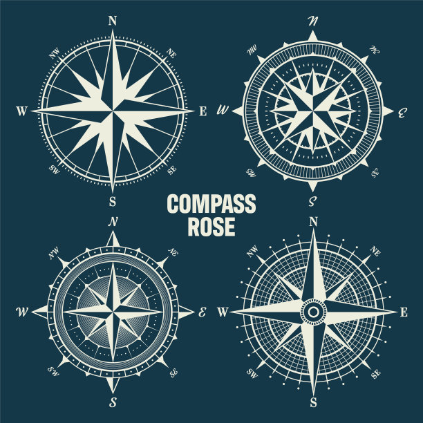 复古风玫瑰，航海图。主要方向为北、东、南、西的单色航海罗盘。地理位置、制图和导航。矢量图图片下载