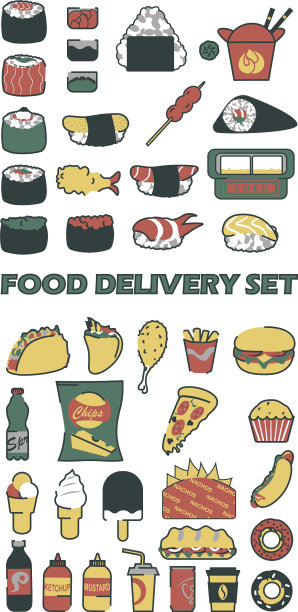大量的快餐和日本食品图标图片下载