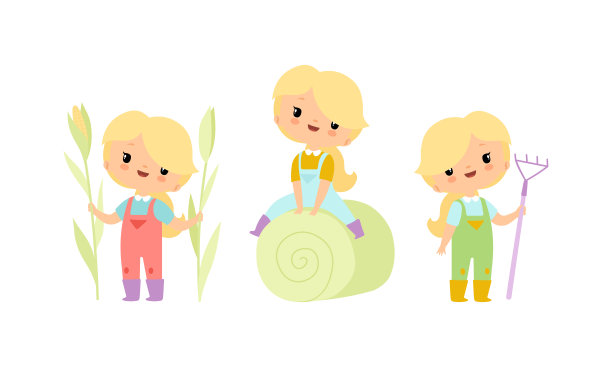 穿着连衣裤的金发小女孩在农场用干草叉和坐在干草向量集图片下载