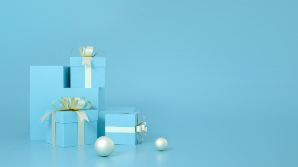 3D渲染的蓝色场景展示摊位上的礼品盒图片下载