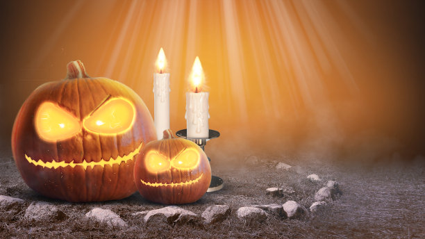 3D渲染，万圣节背景。幽灵南瓜，蜡烛和黑暗的森林。万圣节设计图片下载