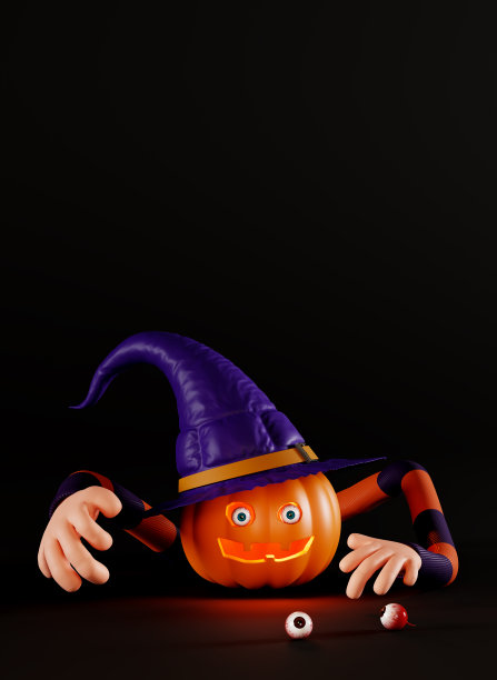 令人毛骨悚然的杰克南瓜灯有眼睛。万圣节派对有趣的海报。有人手和眼睛的南瓜。南瓜灯在黑色背景，3d渲染。图片下载